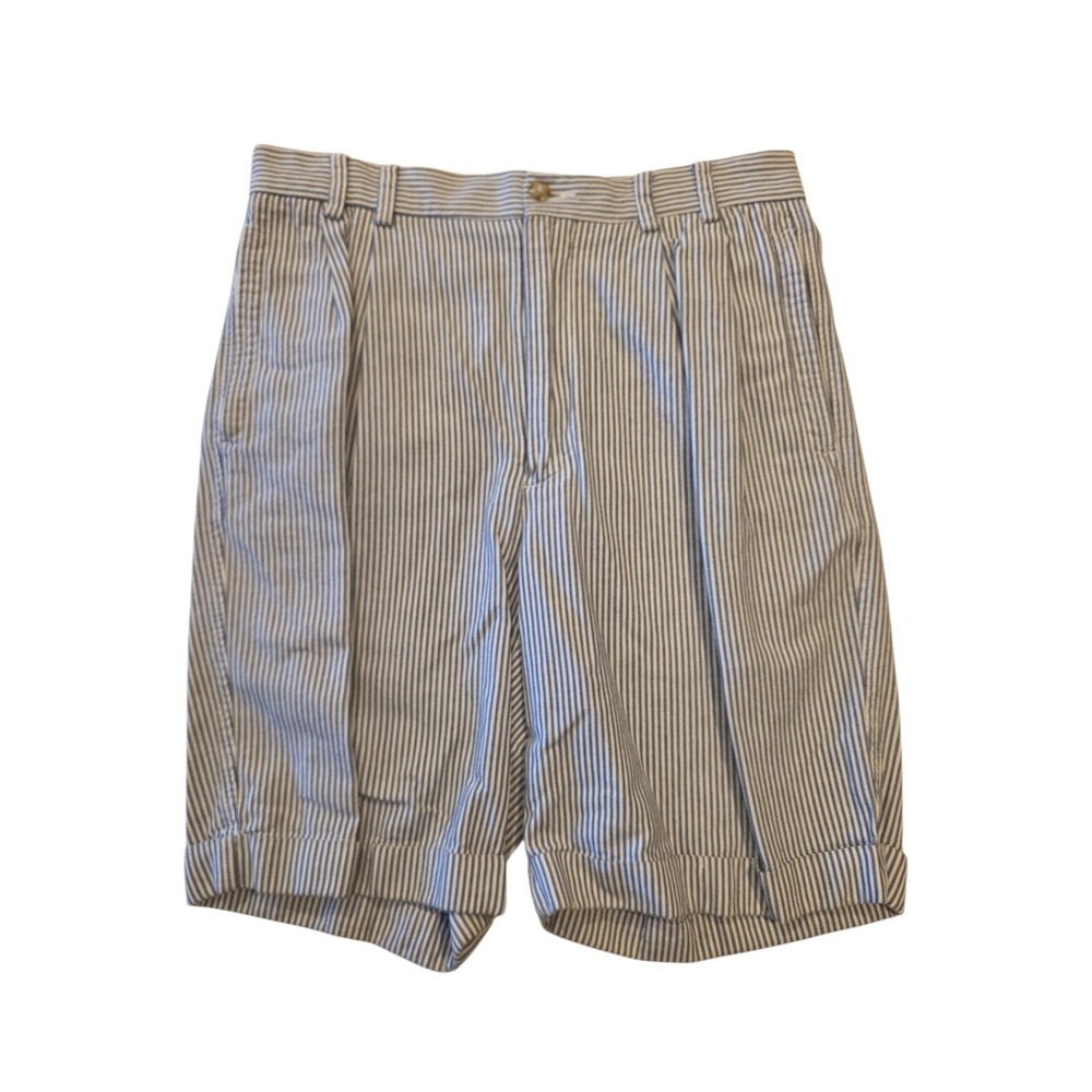 Turnbury Striped Shorts Mens 32 Blue White Seersucker Pleated Cuffed 9" Inseam